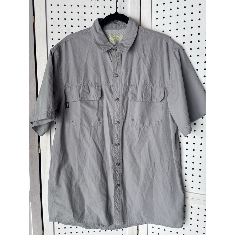 Propel Bass Engineered Men's LG Gray Vented Short‎ Sleeve Button Shirt Hike Fish